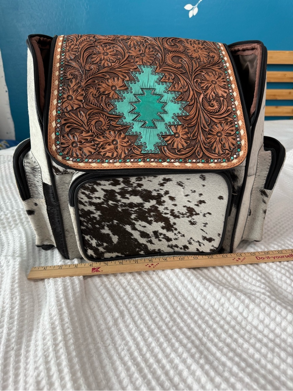 Western Tooled Leather and Genuine Cowhide Backpack with Turquoise Accent